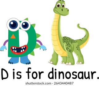 Colorful vector illustration of a dinosaur-themed letter D, ideal for educational materials and children's books