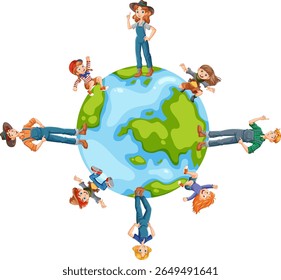 Colorful vector illustration of diverse characters standing on a globe, symbolizing unity and diversity. Bright colors and playful composition