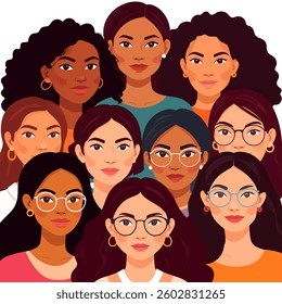 Colorful vector illustration of diverse women in flat style. Different ethnicities, skin tones and hairstyles represent multicultural society. Cartoon characters isolated on white background.