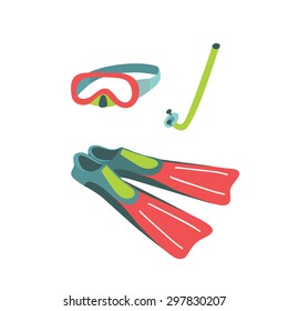 Colorful vector illustration of diving mask, snorkel and pair of flippers on white isolation background