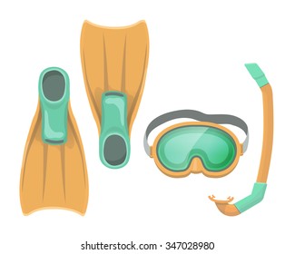 Colorful vector illustration of diving mask, snorkel flippers on white isolation background. Swimming equipment