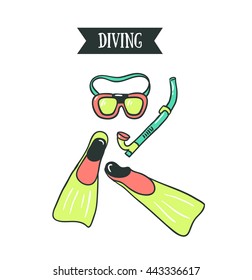 Colorful vector illustration of diving mask, snorkel and pair of flippers on white isolation background