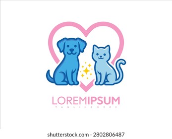 Colorful vector illustration of a dog and cat sitting together in a heart shaped design with sparkles and a tagline Loremipsum for a friendly and playful pet related business or product