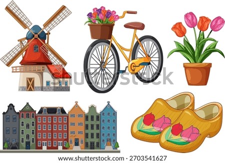Colorful vector illustration of Dutch windmill, tulips, bicycle, wooden clogs, and canal houses