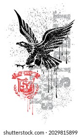 Colorful vector illustration of eagle in graphic style with text and paint splatters in the background.