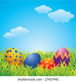 Colorful vector illustration of Easter eggs in a grassland.