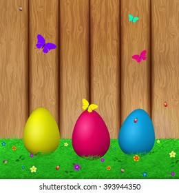 Colorful vector illustration Easter with eggs, grass, butterflies, beetles on wood background. Happy Easter. 