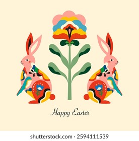 Colorful vector illustration with easter rabbit and flower. Happy Easter card design	