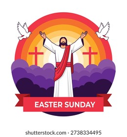 A colorful vector illustration for Easter Sunday featuring Jesus Christ with open arms white doves and crosses against a sunset background with purple clouds.

