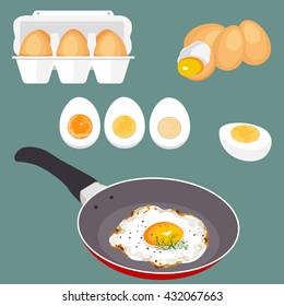 Colorful vector illustration of eggs. Set of cooking and fresh eggs. Eggshell and proteins. Healthy organic food. Diet product with protein. Raw broken cartoon eggs with yolks.