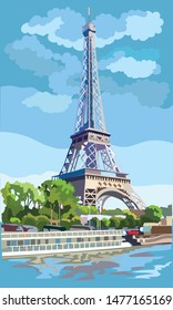 Colorful vector Illustration of Eiffel Tower, landmark of Paris, France. Cityscape with Eiffel Tower, view on Seine river embankment. Colorful vector illustration.