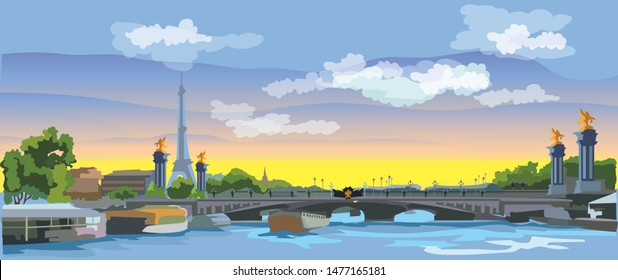 Colorful vector Illustration of Eiffel Tower, landmark of Paris, France. Panoramic cityscape with Eiffel Tower and Pont Alexandre III, view on Seine river embankment.