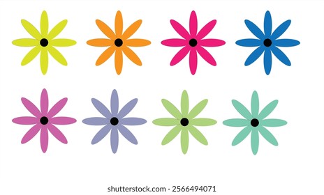 Colorful vector illustration of eight abstract flowers in vibrant hues arranged in a neat grid on a white background