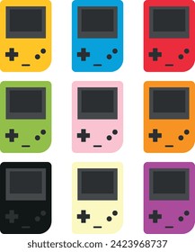 Colorful vector illustration of eight different game consoles in various colors, isolated on a white background.