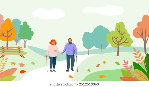 A colorful vector illustration of an elderly couple walking hand-in-hand in a park. The scene is depicted in a flat design style with vibrant colors and abstract trees, perfect for use in designs rela