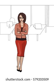 Colorful vector illustration of elegant business woman in orange skirt standing in the office