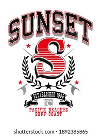 Colorful vector illustration of emblem with graphic symbols and text alluding to surfing. Design for banners, t-shirt prints and etc ...