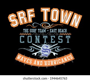 Colorful vector illustration of emblem with lettering and elements alluding to surfing. Art for t-shirts, posters and etc ...