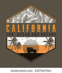 Colorful vector illustration of emblem with lettering and elements related to summer, surfing and California. Editable art for prints on t-shirts, posters, stickers and etc.