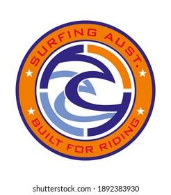 Colorful vector illustration of emblem with wave in graphic style and text referring to Australia. Design for print T-shirts, posters and etc ...