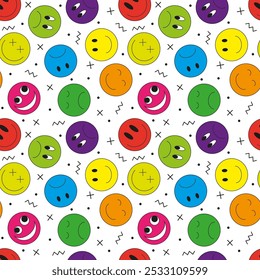 Colorful vector illustration. Emoji smile icon seamless pattern on white background. Emoticons faces collection in flat cartoon style for web and social media