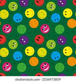 Colorful vector illustration. Emoji smile icon seamless pattern on bright background. Emoticons faces collection in flat cartoon style for web and social media