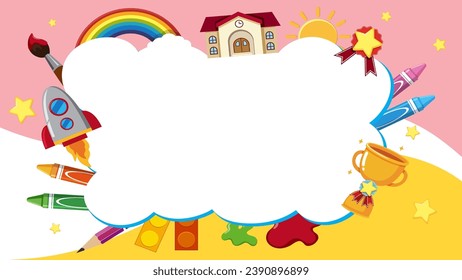 Colorful vector illustration of an empty frame surrounded by children's toys and learning objects