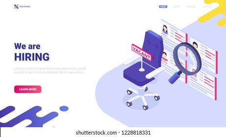 Colorful vector illustration: empty office chair and sign "vacancy". Website header design concept with message "We are hiring".  Banner for recruiting agency/personnel department. Team member search.