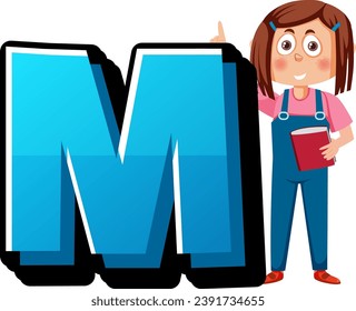 Colorful vector illustration of English alphabet M with boy and girl cartoon characters