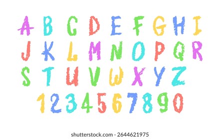 Colorful vector illustration of the English alphabet and numbers 0-9, hand-drawn in a crayon, chalk, pastel, or wax style. Highlighter effect on a board, perfect for kindergarten drawing and learning