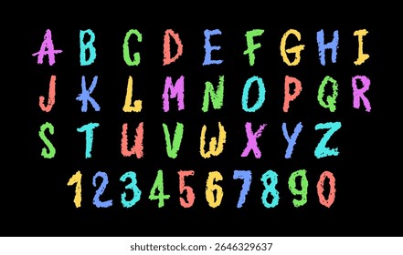 Ilustração vetorial colorida do alfabeto inglês e números 0-9, desenhado à mão em um estilo de giz de cera, giz, pastel ou cera. Efeito de marca-texto em uma placa, perfeito para desenho e aprendizagem no jardim de infância