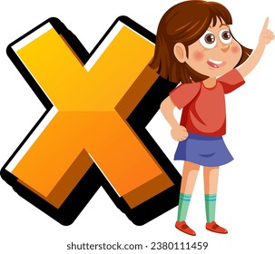 Colorful vector illustration of English letters X alphabet font with boy and girl cartoon characters