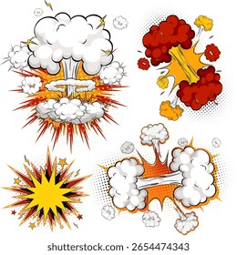 Colorful vector illustration of explosive blasts and mushroom clouds in dynamic comic book style, using bold outlines, halftone dots, and vibrant colors