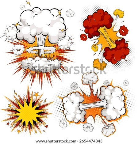 Colorful vector illustration of explosive blasts and mushroom clouds in dynamic comic book style, using bold outlines, halftone dots, and vibrant colors