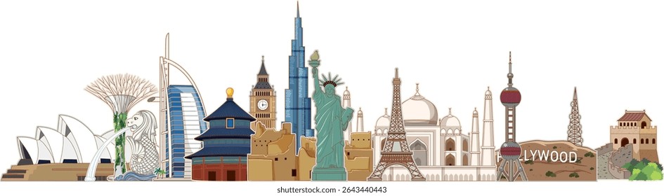 Colorful vector illustration of famous global landmarks in a linear composition, featuring detailed architectural elements and vibrant colors