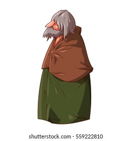 Colorful vector illustration of a fantasy, medieval or mar from the past. Stranger, traveler or a hobo with grey hair