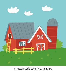 A colorful vector illustration of a farm. Retro vector hand drawn eps 10 clip art illustration. Children's book design element. Picture book illustration.