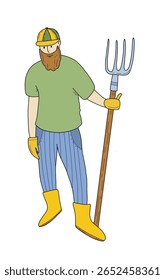 Colorful vector illustration of a farmer in a hat holding with pitchfork in gloves and boots. Cartoon rural worker in modern flat style for agriculture designs, farm logos, stickers, prints.