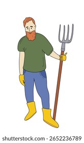 Colorful vector illustration of a farmer with pitchfork in gloves and boots. Cartoon rural worker in modern flat style for agriculture designs, farm logos, stickers, prints.