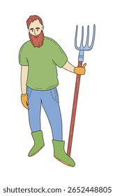 Colorful vector illustration of a farmer with pitchfork in gloves and boots. Cartoon rural worker in modern flat style for agriculture designs, farm logos, stickers, prints.