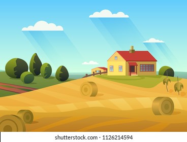 Colorful vector illustration of farmhouse in countryside with golden haystacks and blue sky.