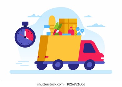 Colorful vector illustration of fast contemporary truck driving on street and delivering various fresh food in time during work in logistic service