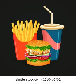 Colorful vector illustration. Fast food icon. Big box of french fries, drink and chicken burger with grilled patty, white mayonnaise sauce, tomato, cucumber, onion, cheese, lettuce and sesame bun. 