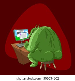 Colorful vector illustration of a fat internet troll, sitting infront of a computer, typing rude comments and fake propaganda articles on the social media