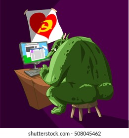 Colorful vector illustration of a fat internet Russian troll, sitting infront of a computer, typing rude comments and fake propaganda articles on the social media