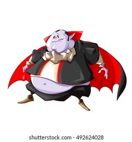 Colorful vector illustration of a fat vampire with purple skin, black clothes and big belly.