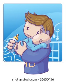 A colorful vector illustration of a father holding his tired baby and a bottle of milk.