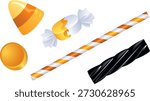 A colorful vector illustration featuring assorted Halloween-themed candies, including classic candy corn, black twisted licorice, an orange candy drop, a wrapped sweet, and a festive striped straw in orange, white, and yellow. Perfect for Halloween party designs, seasonal graphics, and holiday decorations.