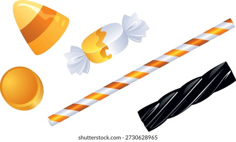 Una colorida Ilustración vectorial con una variedad de caramelos con temática de Halloween, que incluye maíz de caramelo clásico, regaliz retorcido negro, una gota de caramelo de naranja, un dulce envuelto y una paja a rayas festivas en naranja, blanco y amarillo. Perfecto para diseños de fiesta de Halloween, gráficos estacionales y decoraciones navideñas.
