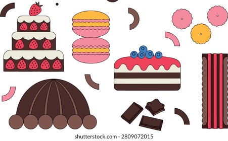 A colorful vector illustration featuring an assortment of desserts including cakes, macarons, and chocolate pieces on a white background.